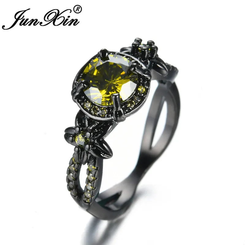 Olive Green Ring JUNXIN женские кольца в стиле бохо с цветочной звездой для женщин, Черное золото, королевский синий, красный, розовый, фиолетовый циркон, камень, обручальное кольцо, ювелирное изделие - Цвет основного камня: Olive Green Ring