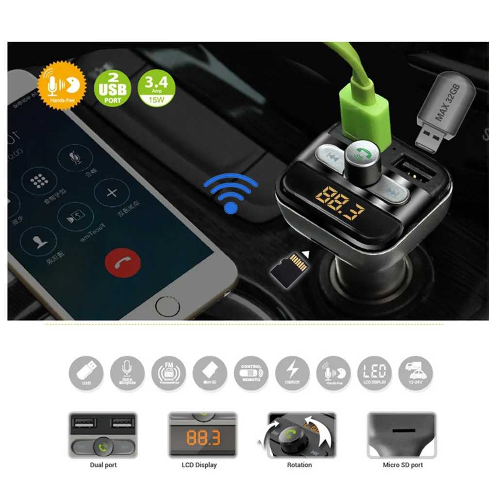 Новый Автомобильный Bluetooth комплект беспроводной FM передатчик двойное зарядное