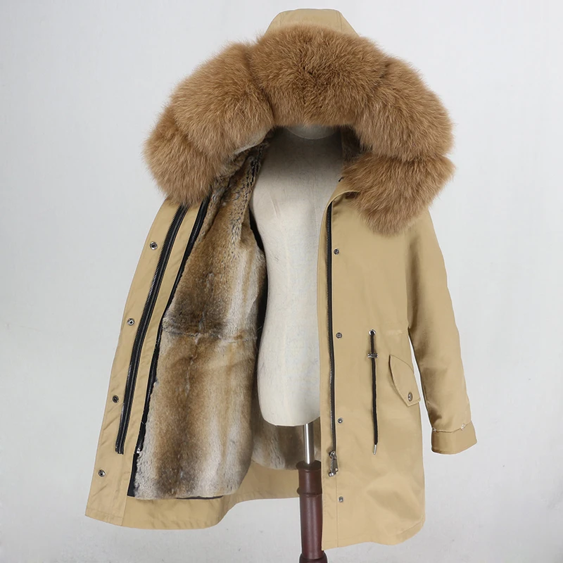 brown camel Женская меховая куртка OFTBUY, водонепроницаемая парка песочного цвета с подкладкой из натурального кроличьего меха, с меховой отделкой на капюшоне, верхняя одежда зима - Цвет: brown camel