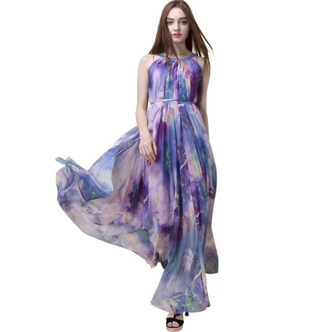 Lavender Flowers Летнее цветочное длинное шифоновое платье макси платье больших размеров знаменитостей/выпускных/вечерних платьев пляжное легкое платье для подружки невесты - Цвет: Lavender Flowers