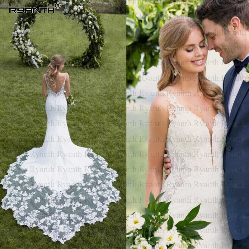 Романтическое Платье с открытой спиной Vestido De Noiva, сексуальное платье с v-образным вырезом и бретельками, кружевное свадебное платье русалки, индивидуальный заказ, халат de mariage