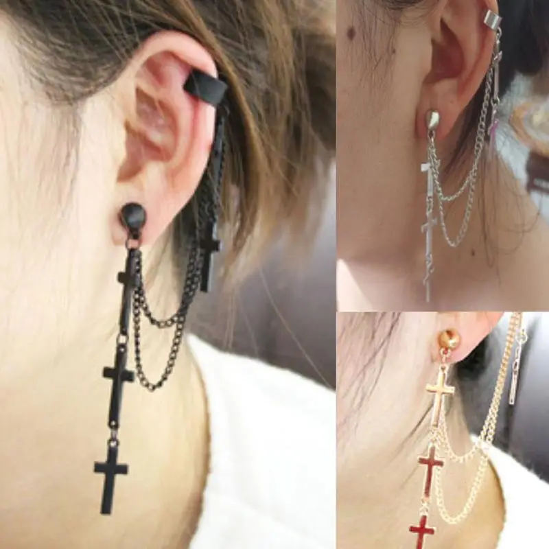 

1Pc Gothic Punk Style Women Girls Clip Stud Earring Cross Tassel Chains Ear Cuff Fashion Jewelry