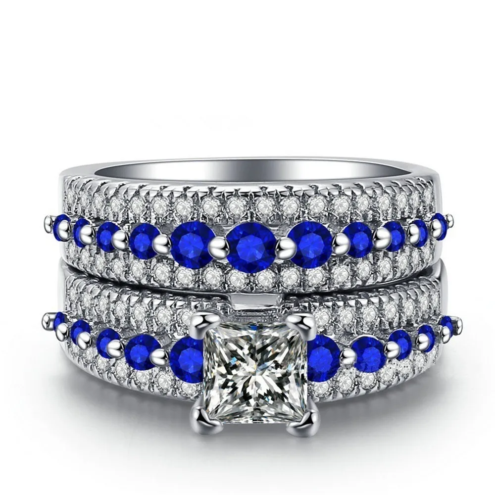 Black Silver Engagement Wedding Couples Ring Set Womens 2pcs Princess White CZ Blue Mens 316L Stainless Steel Jewelry