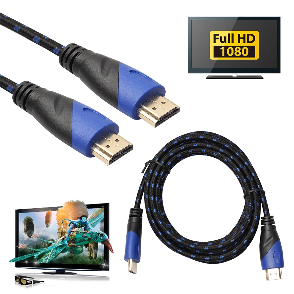 Высокая скорость плетеный кабель HDMI позолоченное соединение Черный Синий Сетка 1080 P, 0,5 м, 1 м, 1,8 м, 3 м, 5 м, 10 М V1.4 AV HD 3D для Xbox HDTV