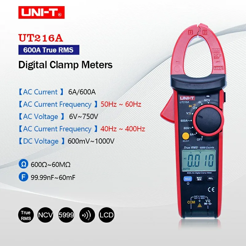 UT216A UNI-T UT216 серии 600A True RMS Цифровые токовые клещи Автоматический диапазон мультиметры переменного напряжения тока щипцы-тестеры - Цвет: UT216A