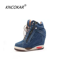 kncoka summer new style women comfortable wedge heel fashion simple denim canvas fish mouth open toe single shoe