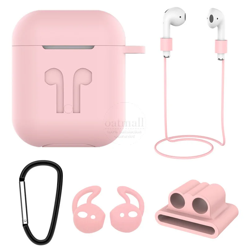 Pink Чехол на эйрподс Силиконовый чехол для Apple Airpods Air Pods 2 1 i60 i80 TWS зарядный чехол протектор+ анти-потери ремни& чехлы для наушников+ ремешок для часов держатель - Цвет: Pink