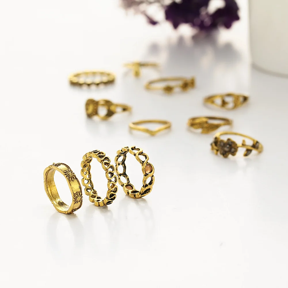 Античное золото серебро Цвет комплект колец на фалангу полые узором из цветов и