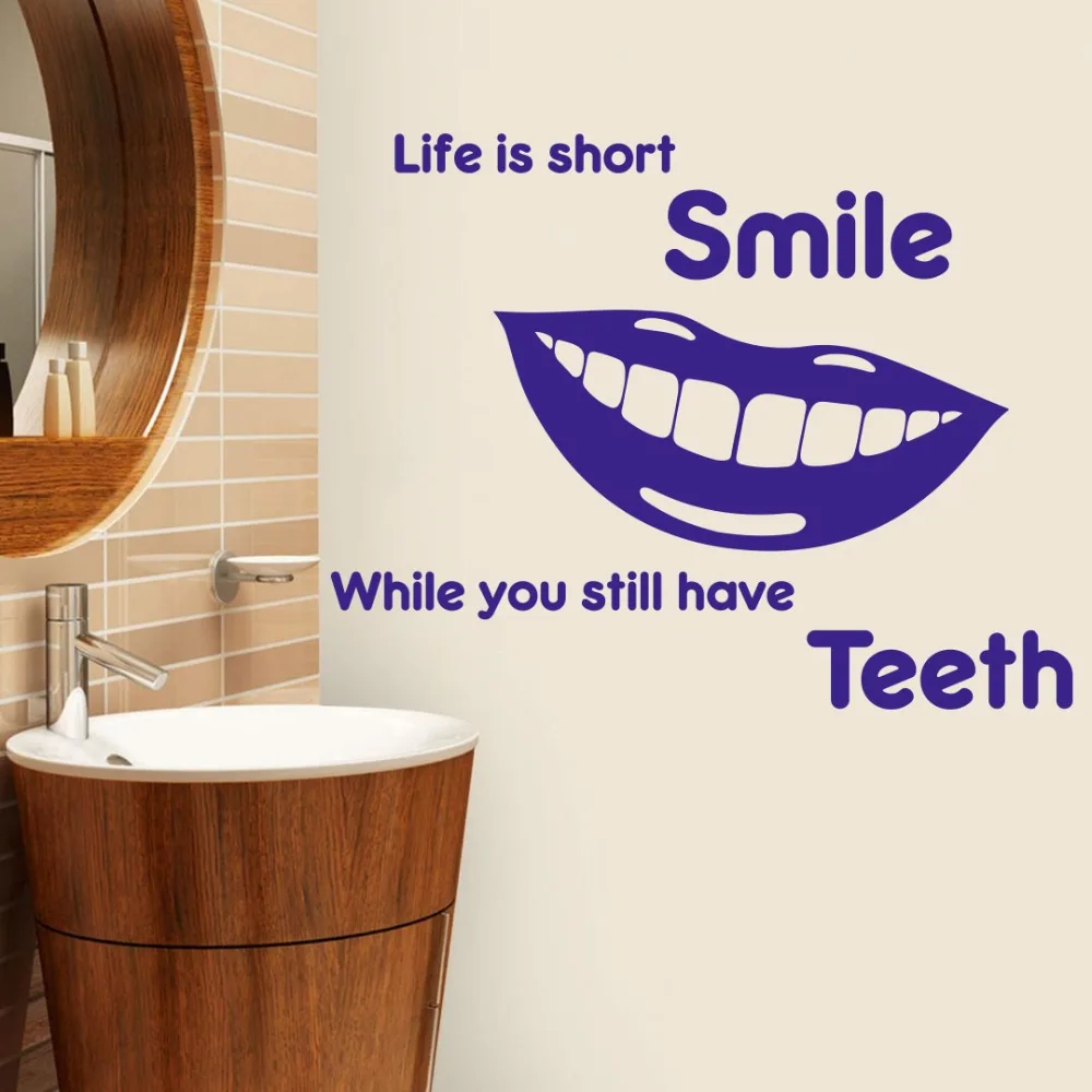 

Life Is Short Smile Quote Teeth Wall Decal Bathroom Dentist Dental Clinic Tooth Wall Sticker Vinyl Art Mural