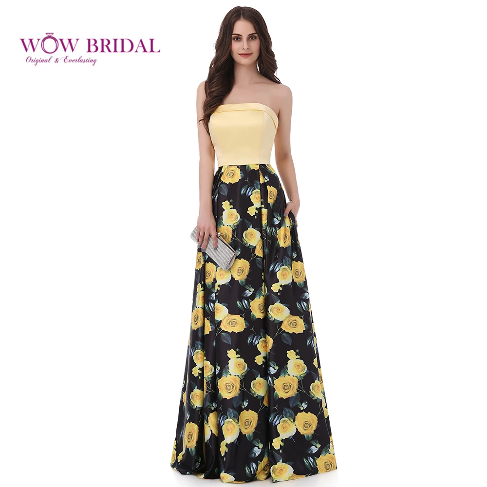 Wowbrial изящное желтое вечернее платье с цветочным принтом 2017 открытыми плечами на