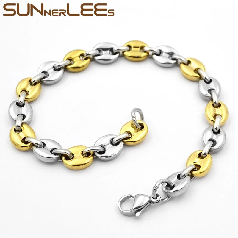 Набор бижутерии из нержавеющей стали SUNNERLEES Fashion Jewelry: ожерелье и браслет на цепочке с звеньями в виде кофейных зерен, для мужчин и женщин. SC13 S.