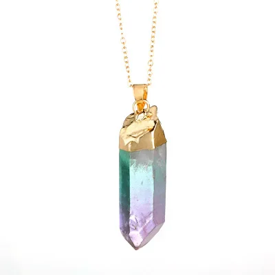

Hot Hexagonal Column Necklaces Natural Crystal Pendants Stone Irregular Metal Chains Necklace For Women Fashion Jewelry N80