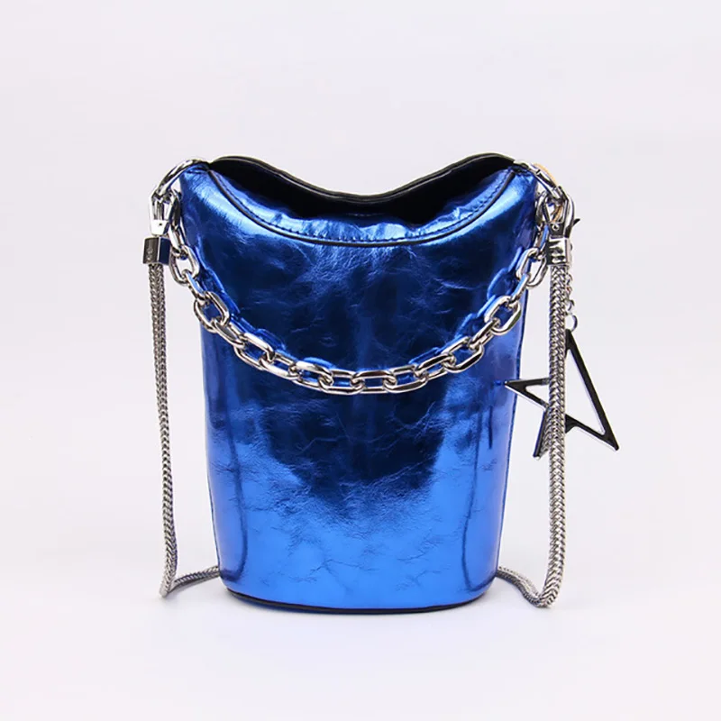 

Genuine Leather Chain Bucket Bags Brand Designer Cowhide Handbags Chic Style Women Messenger Shoulder Bags 2019 Black Red