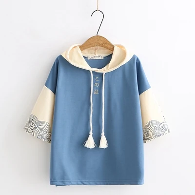 short-blue Женские толстовки, пуловеры с буквенным принтом Kawaii Harajuku, японская толстовка, милая графическая верхняя одежда, Лоскутная Толстовка с капюшоном, топы для девочек - Цвет: short-blue