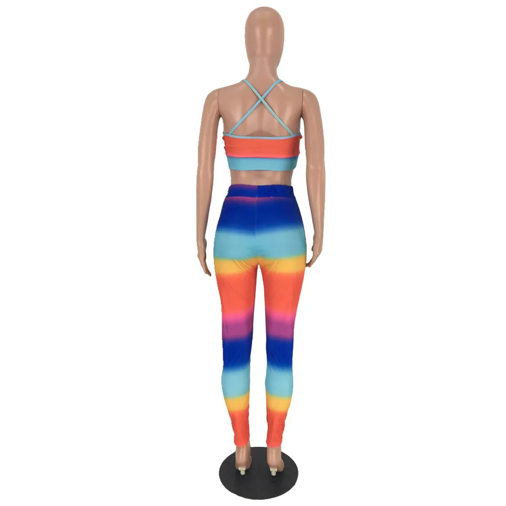 

HAOOHU 2019 women summer rainbow stripes print halter neck crop top pencil pants suit two piece set sexy bodycon tracksuit