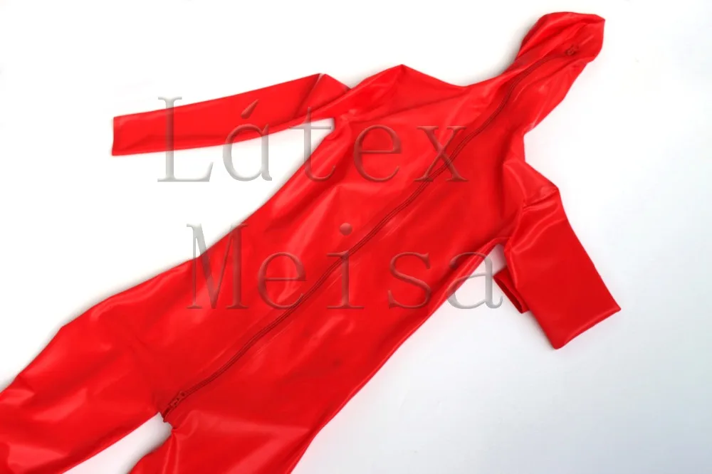 Male's latex custom trailored catsuit red color open mesh eyes &amp penis holes attached codpiece and 5 zippers(chests crotch) |