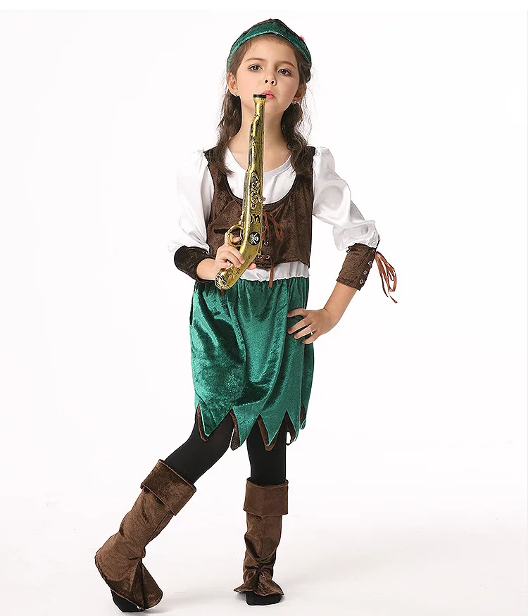 Y03-X030 Children kid's Cosplay girl Princess Dress Halloween Party Costume Clothes anime performance pirate green dress 1 set | Детская