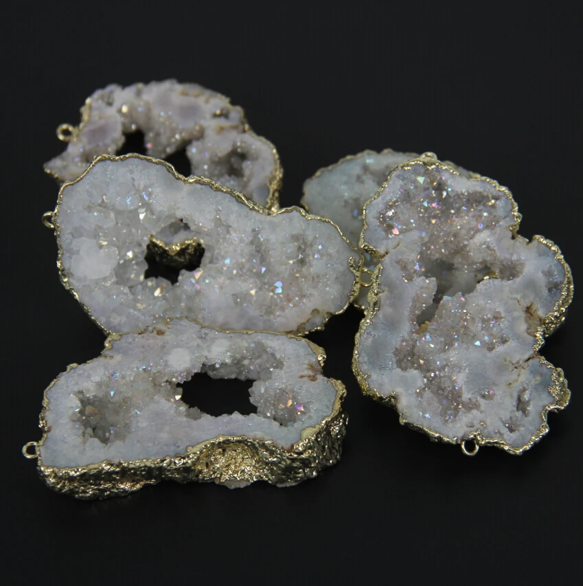 5 шт. натуральный белый AB Друза кусочки разъемов ожерелье позолоченные круглые