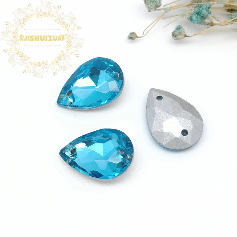 Turquoise blue water-drop shape Glass Crystal sew on rhinestones with two holes Diy wedding dress accessories Free shipping | Дом и сад