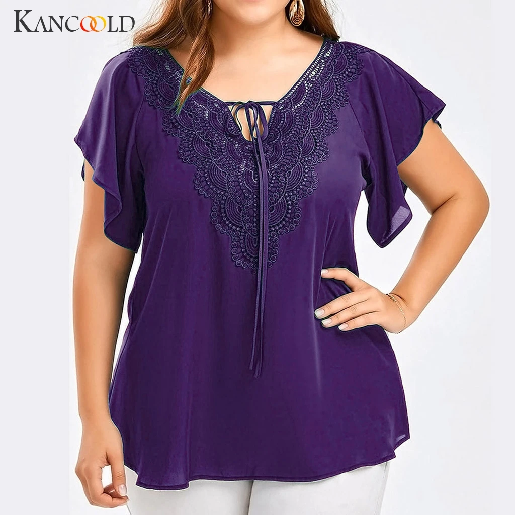

KANCOOLD top T-shirt Womens Fashion Lace V-Neck Solid Lace up Tops Patchwork Short Sleeve new t-shirts women t shirts 2019Apr9