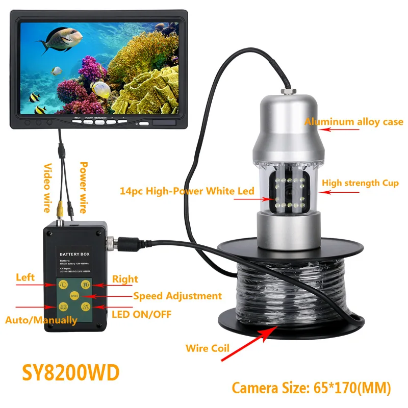 Цена Камера для подводной рыбалки, Tft-видеорегистратор, 50 м, 7 дюймов, 0-360 градусов, дистанционное управление, 14 белых ламп
