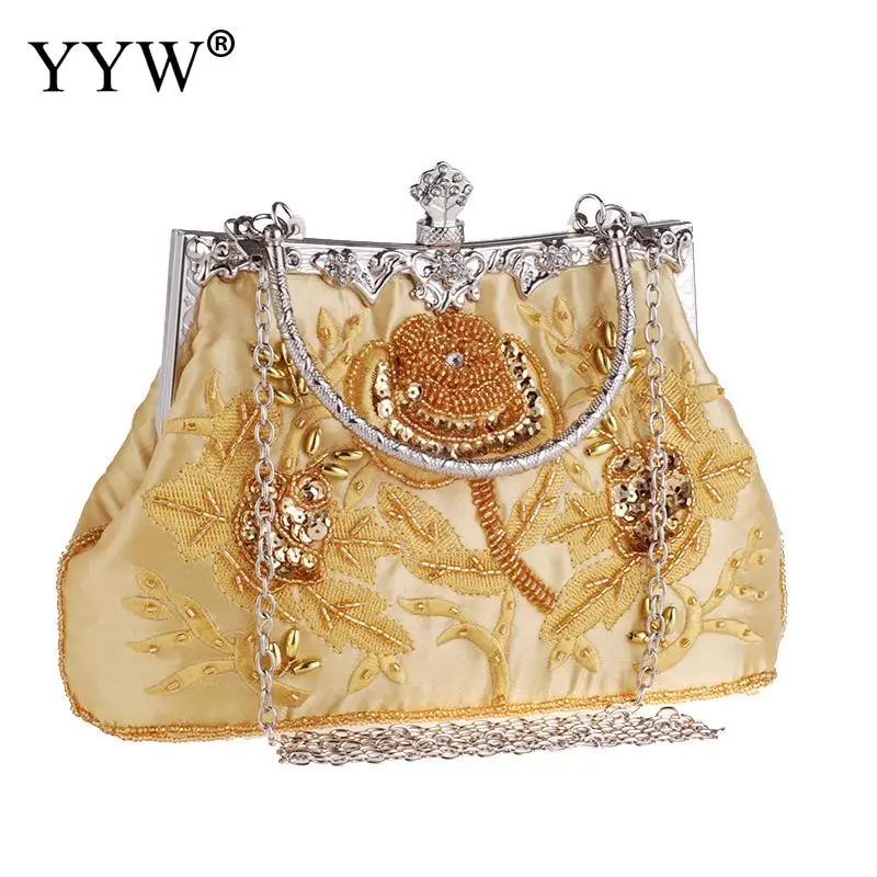 Шелковая элегантная дамская сумочка для вечеринок Pochette Femme вышитая Цветочная Верхняя ручка ручные сумки синий Свадебный Кошелек Сумки - Цвет: golden yellow