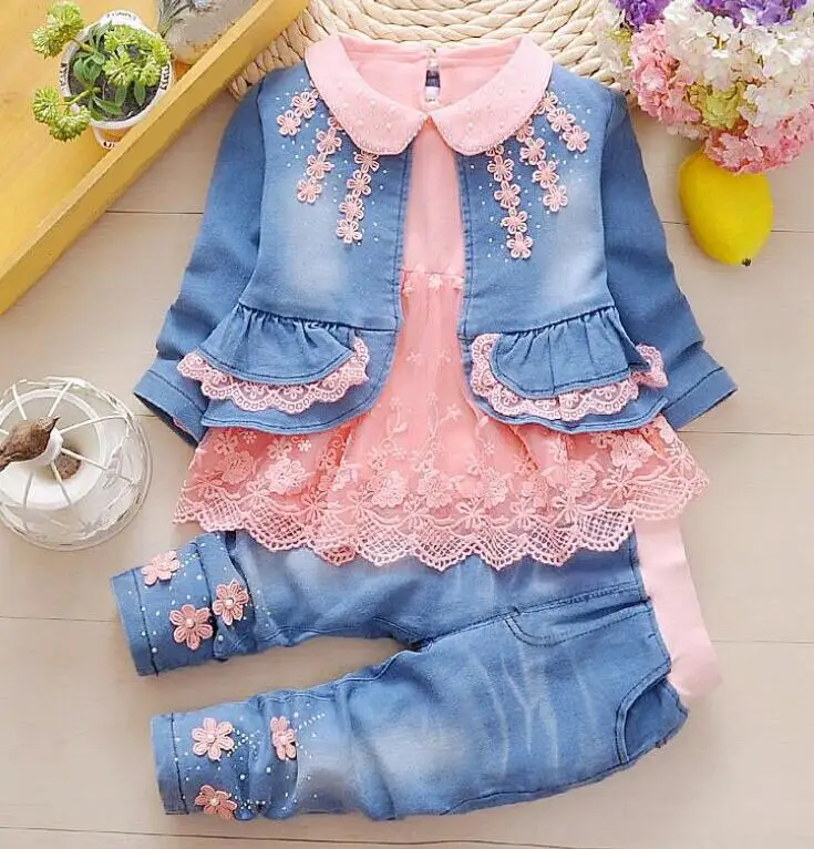darkpink clothes set Г., весенне-осенний комплект для малышей, комплекты одежды для девочек, детская одежда, джинсовое пальто+ кружевная рубашка+ джинсовые штаны, костюм из 3 предметов - Цвет: darkpink clothes set