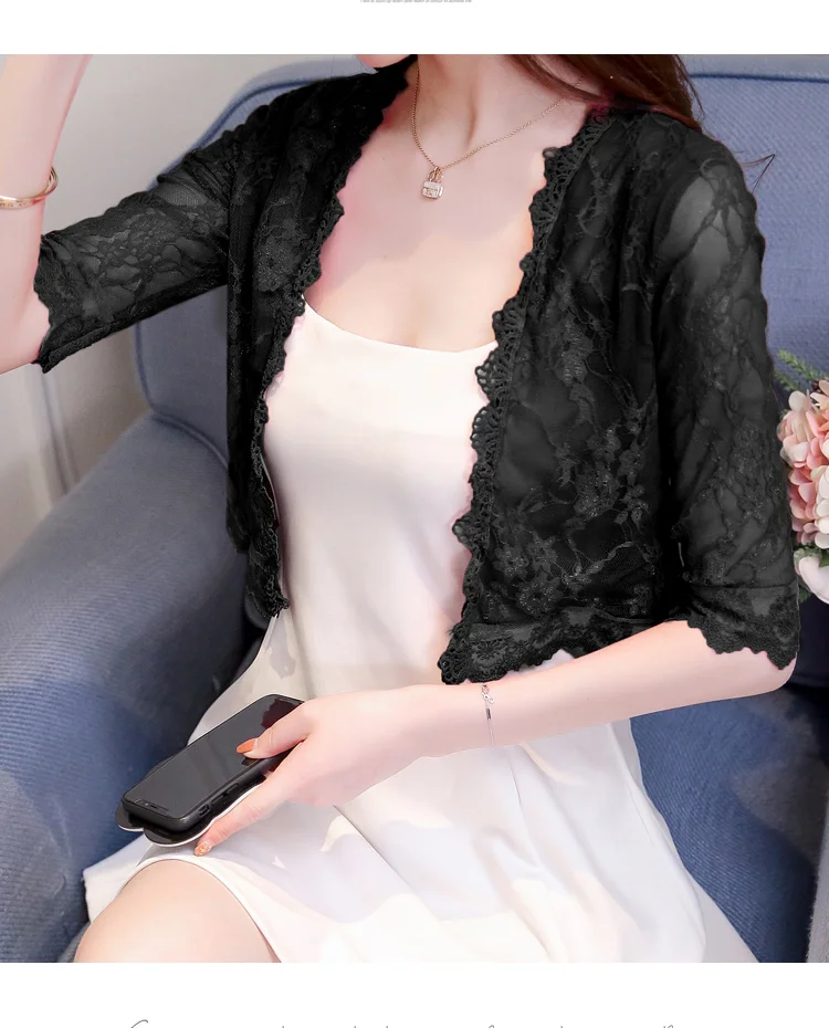 Carol Diaries 2019 Women Basic Coat Embroidery Half Sleeve Cardigan See-Through Sheer Lace Mesh Bolero Top Jacket 5 Colors |