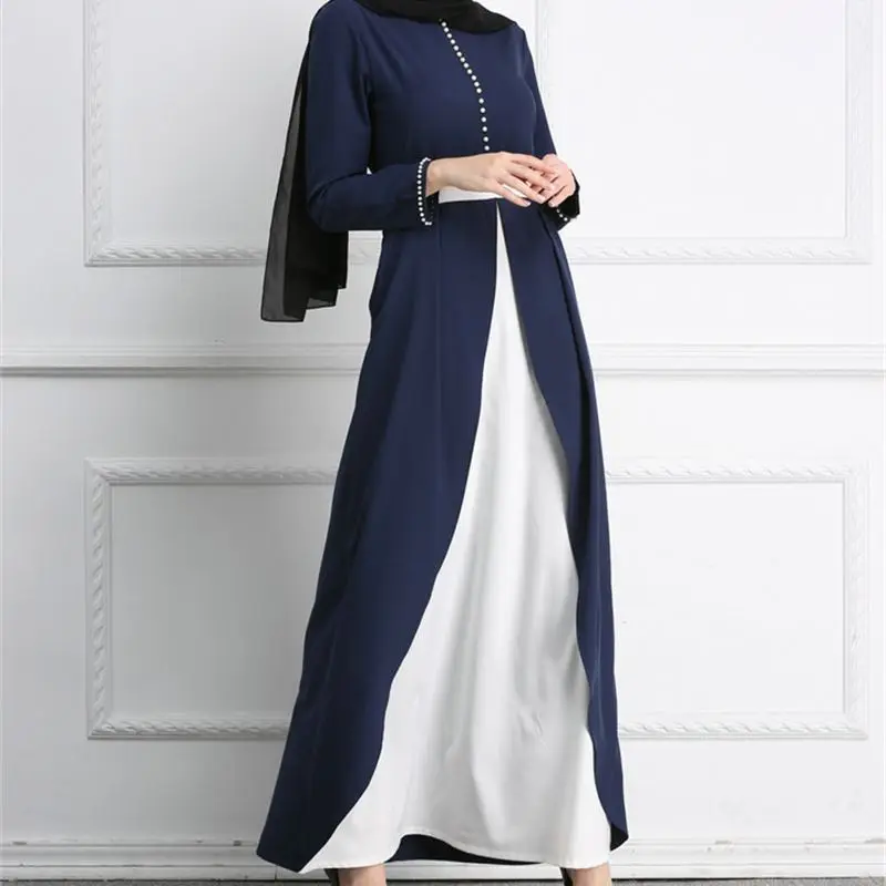 2020 скромное модное мусульманское женское темно синее платье с высоким разрезом и