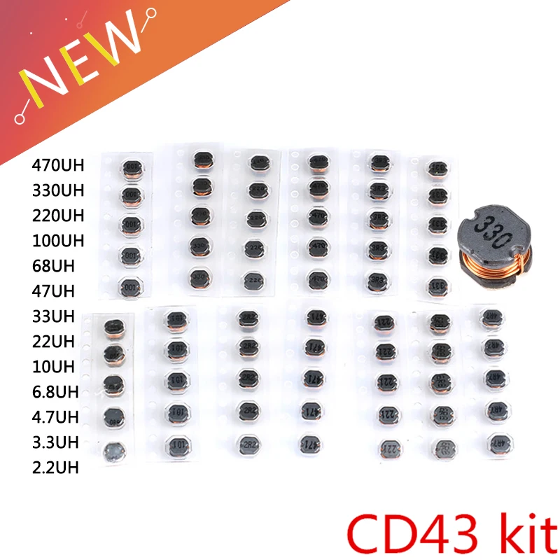 65 шт. 13 значений набор индукторов питания CD43 SMD 2 мкГн-470 мкГн чиповые индукторы