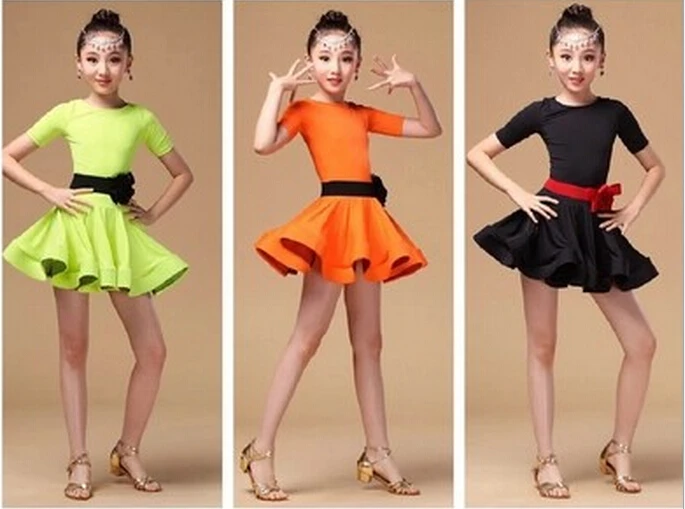 Оранжевые/зеленые/черные танцевальные костюмы для девочек бальных танцев/платья