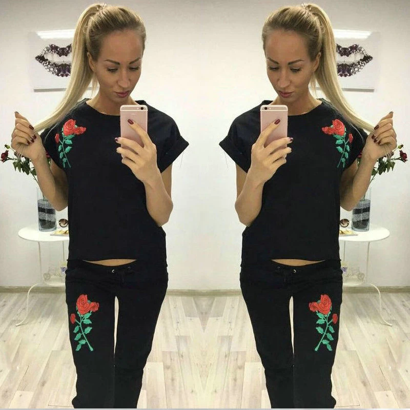 Новинка лета 2017 женские футболки в стиле Харадзюку с цветочной вышивкой роз