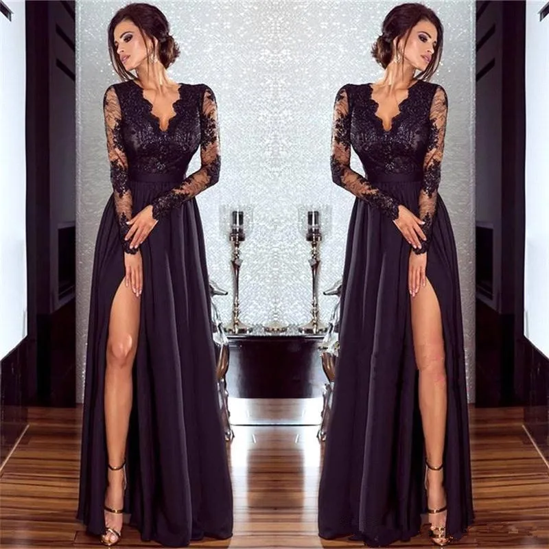 Vestido de festa Черное вечернее платье с длинными рукавами и v-образным вырезом вечернее платье robe de soiree с Высоким Разрезом Вечернее платье для выпускного вечера
