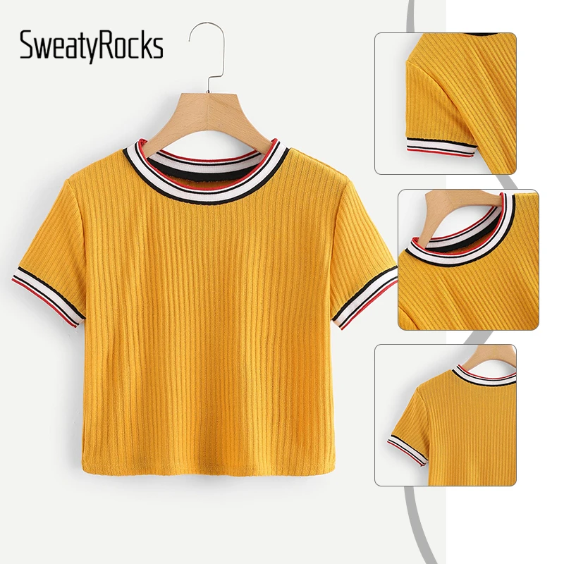SweatyRocks, цветная полосатая укороченная футболка с воротником и манжетами, женский желтый топ в консервативном стиле, футболки с коротким рукавом, женские летние топы