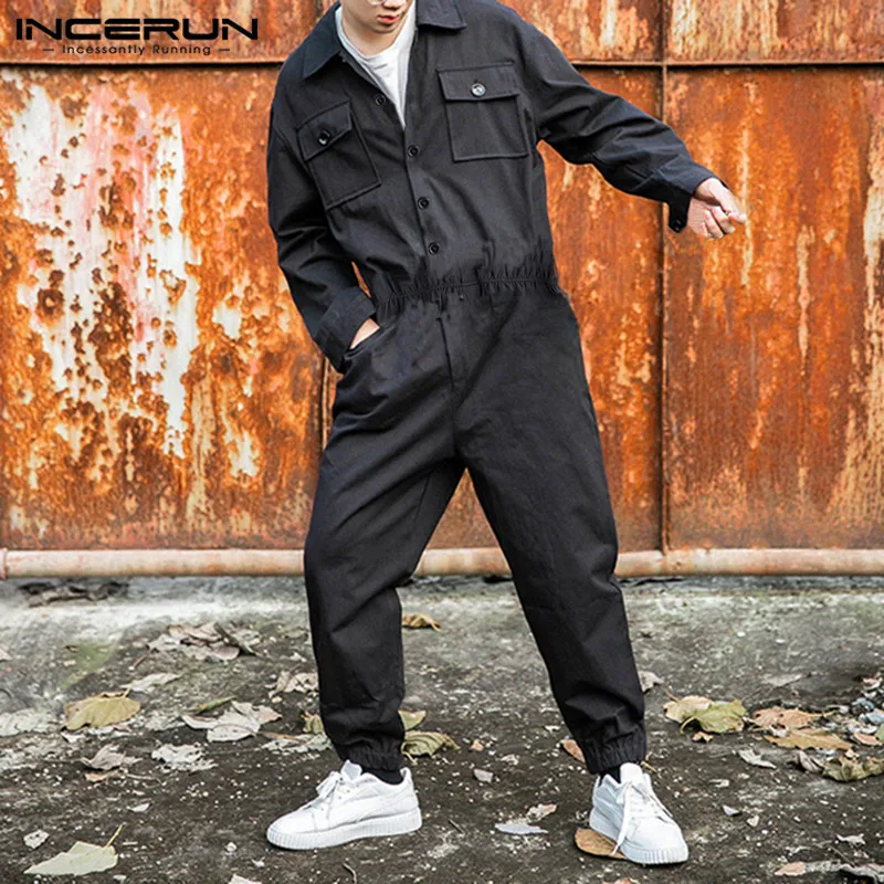 

2020 Fashion Men Jumpsuit Solid Color Pants Pockets Hip-hop Long Sleeve Punk Style Streetwear Men Cargo Overalls Rompers INCERUN