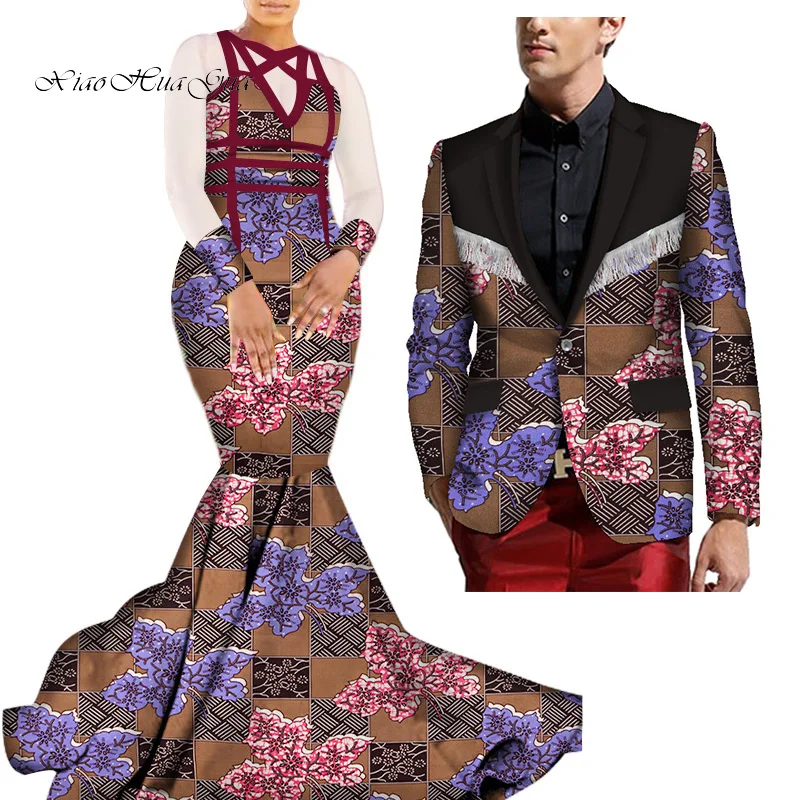 African Mermaid Bazin Riche Dresses for Couples Dashiki African Couple Clothing Women's Dress+Men's Blazer 2 Pieces Set WYQ275