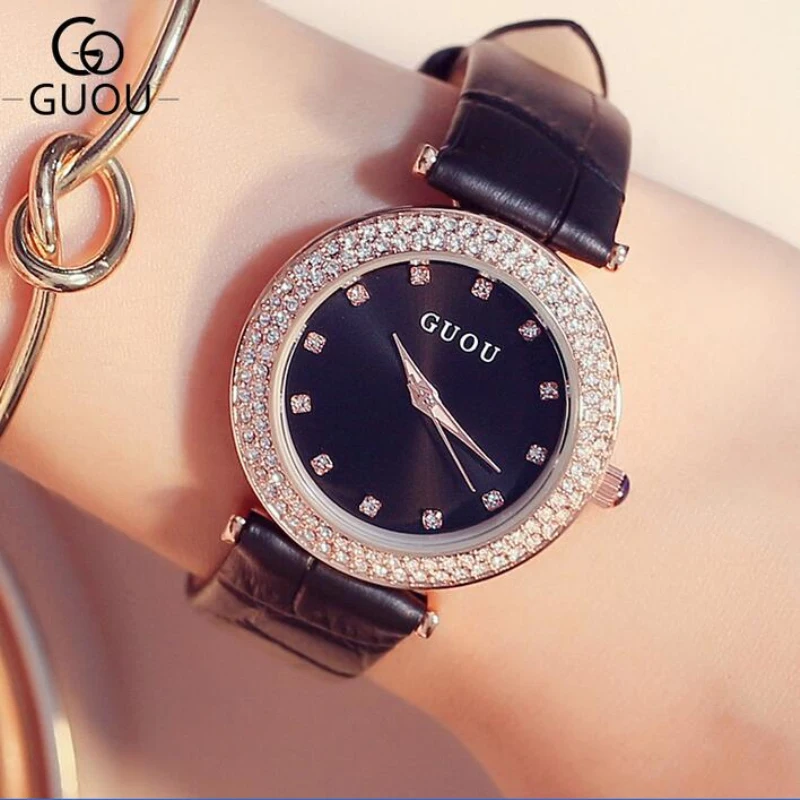 GUOU Роскошные брендовые наручные часы с бриллиантами и стразами женские кожаным