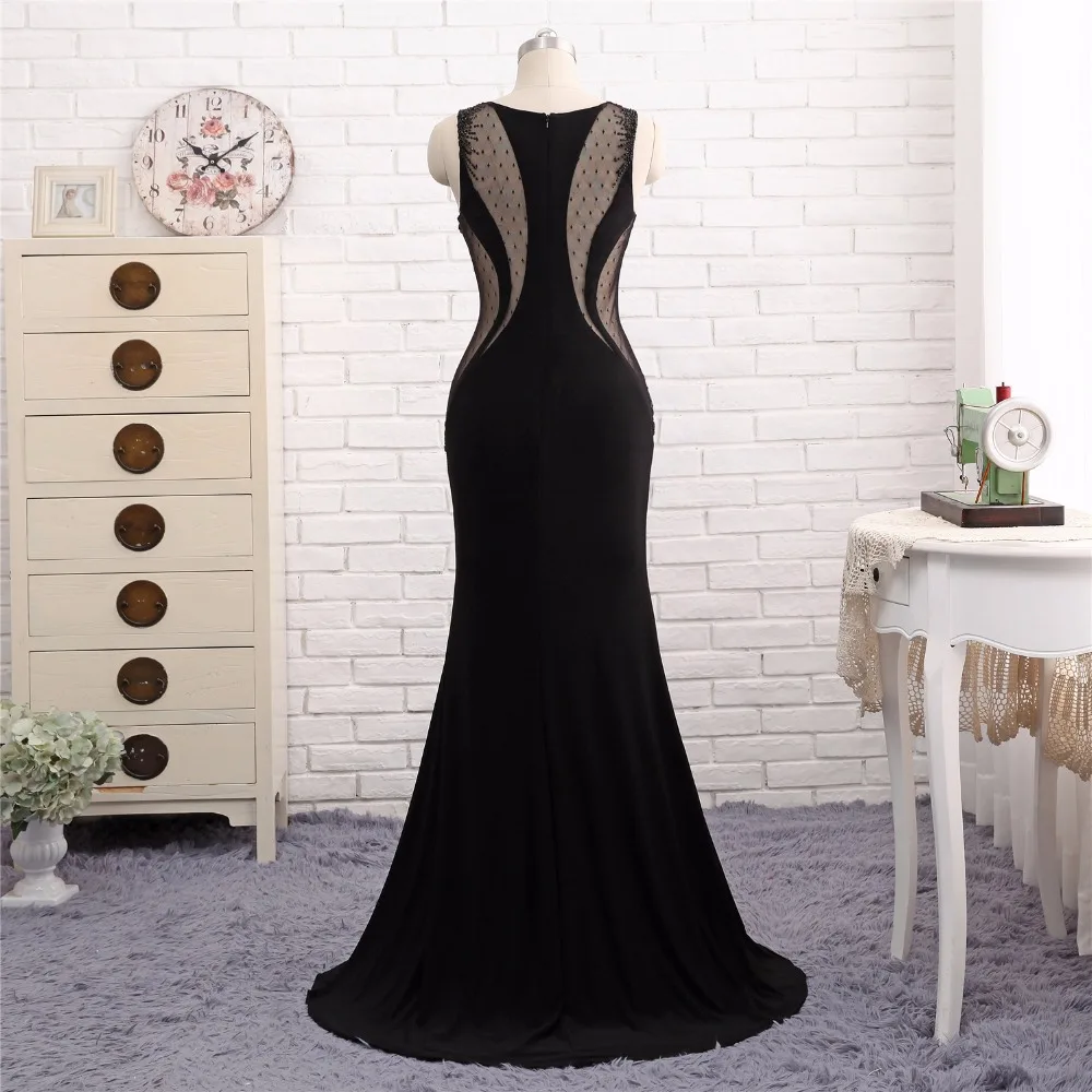 Женское вечернее платье русалка Черное длинное прозрачное с бусинами и