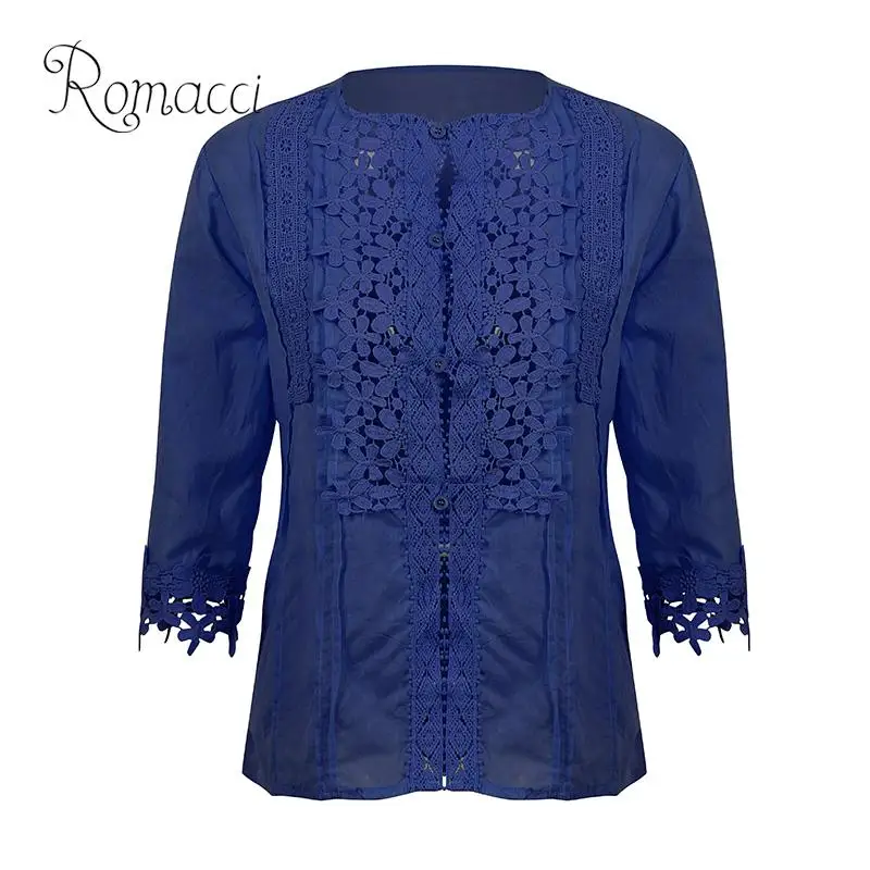 Romacci модные женские блузки 2019 Сексуальная вязаная кружевная прозрачная блузка с