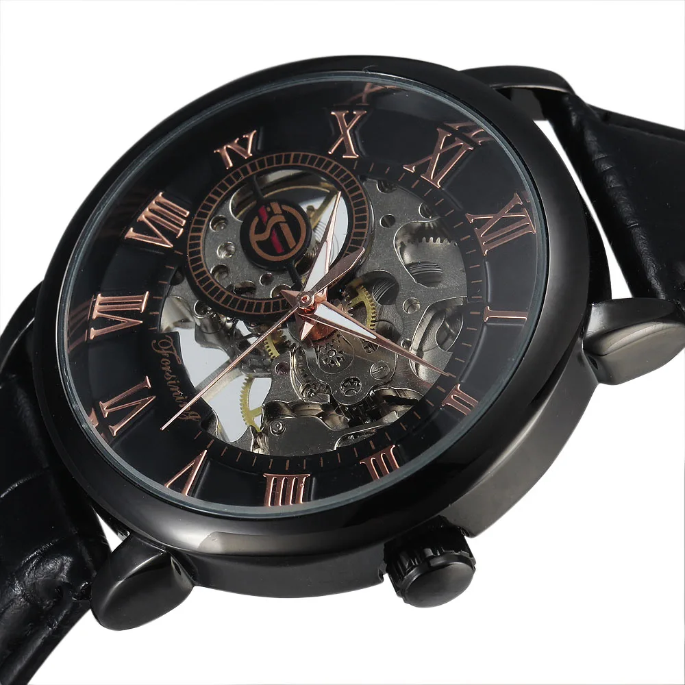 Топ FORSINING 3D логотип дизайн полые гравировка черный Чехол Кожа Рим Скелет