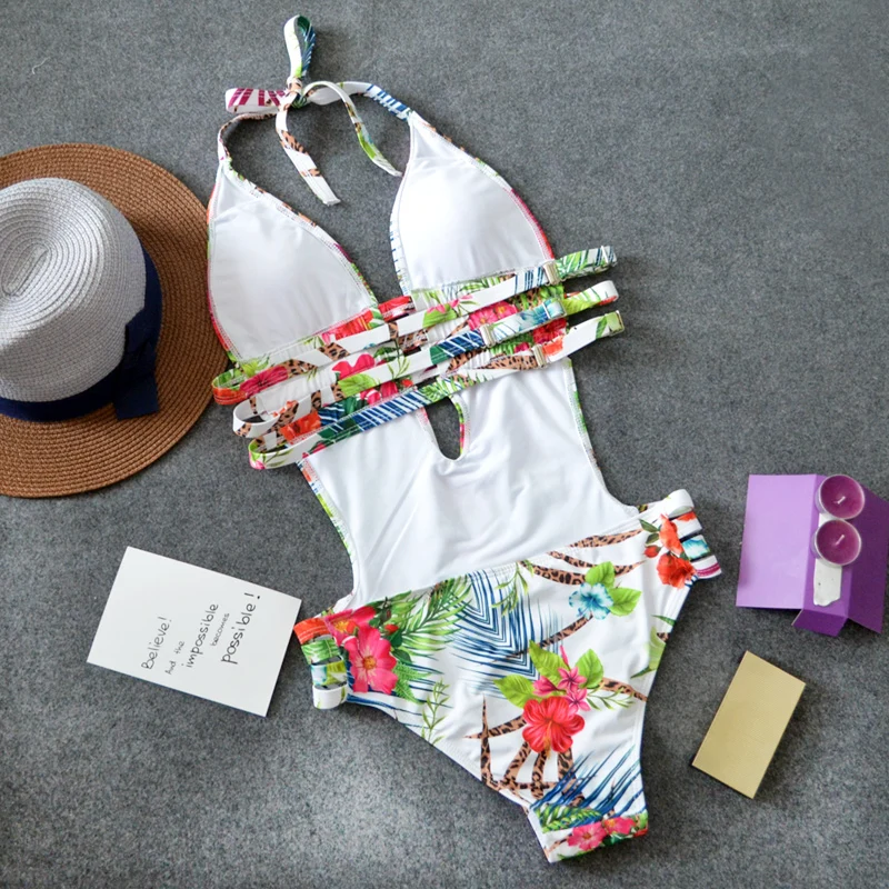 Цветной цветочный купальник с глубоким вырезом женский эластичный резиновый