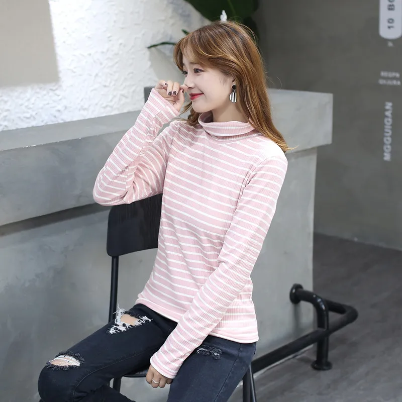 2018 осень-зима женская футболка в полоску с высоким воротником теплая Толстая