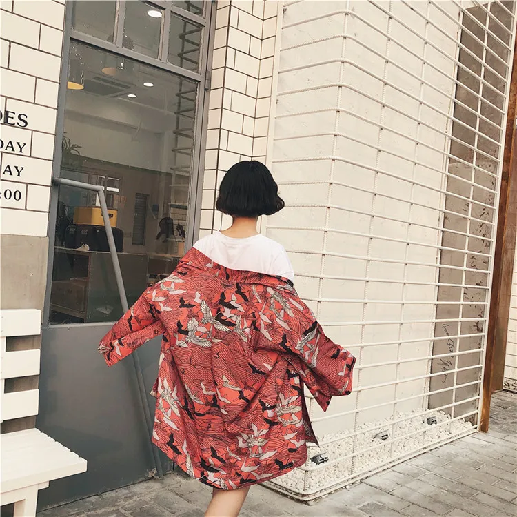 Новый летний Свободный кардиган в японском стиле блузка Harajuku с принтом птицы