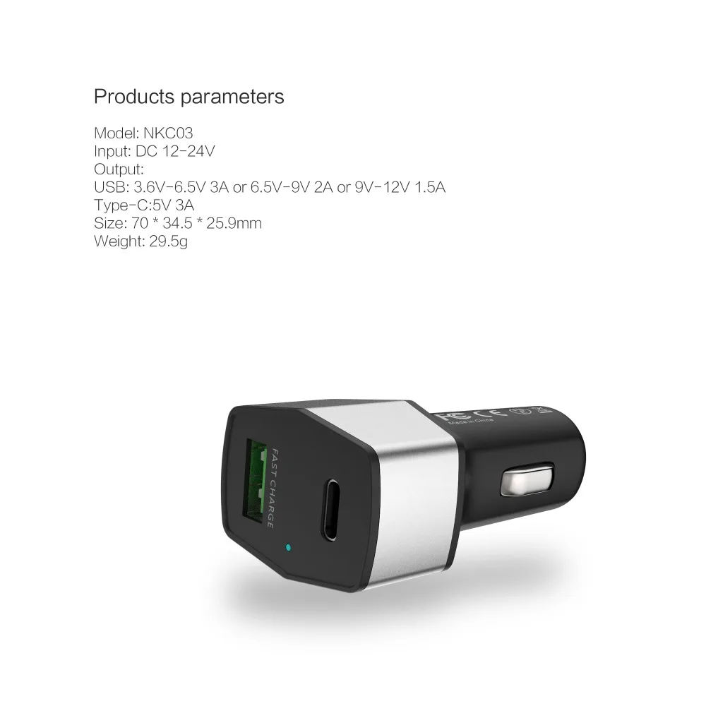 Nillkin 2 порта двойной USB + Type C автомобильное зарядное устройство Быстрая зарядка 3 0
