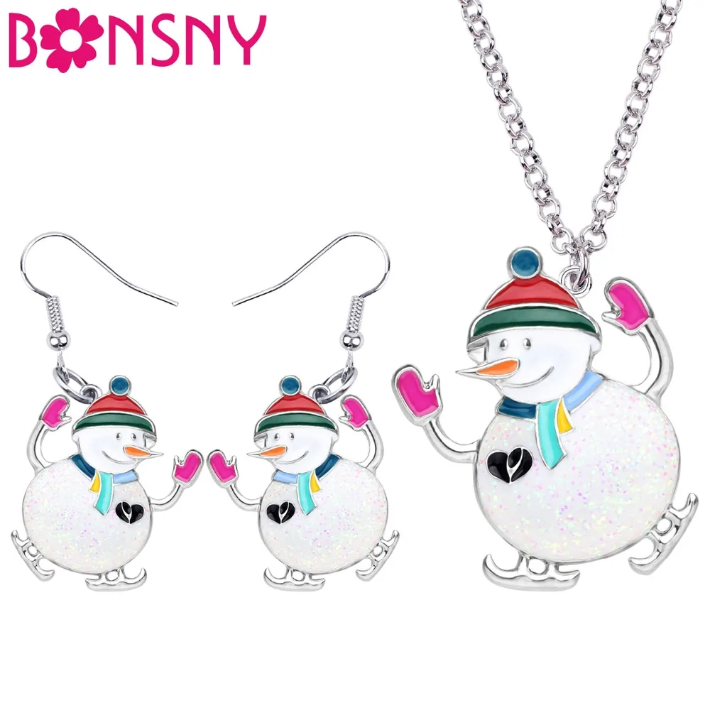 Bonsny Enamel Alloy Christmas Skiing Snowman Jewelry Sets Drop Earrings Necklace Pendant New Year Decoration For Women Girl Gift | Украшения