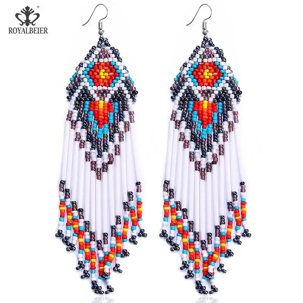 ROYALBEIER Длинные бусы с кисточкой серьги ручной работы плетение висячие бохо