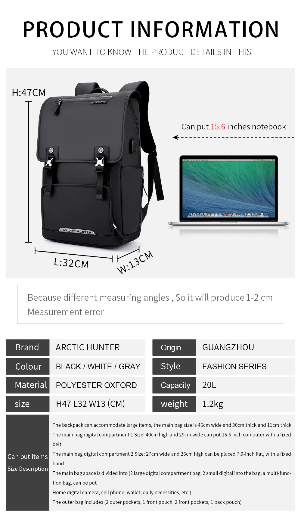 Рюкзак ARCTIC HUNTER с usb-зарядным портом, Большой Вместительный рюкзак для ноутбука, мужская дорожная сумка, Оксфорд+ рюкзак из искусственной кожи, водонепроницаемая сумка