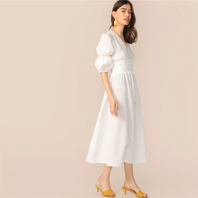 SHEIN Расклешенное Платье С Пуговицами И Оригинальным Рукавом Элегантное Летнее Платье С Средним Рукавом Женские Длинные Платья С V-Образным Вырезом