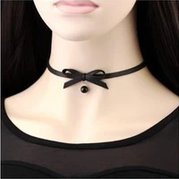 fashion cute girls japan style harajuku black bowknot leather pearl choker necklaces women punk crew necklace jewelry gift