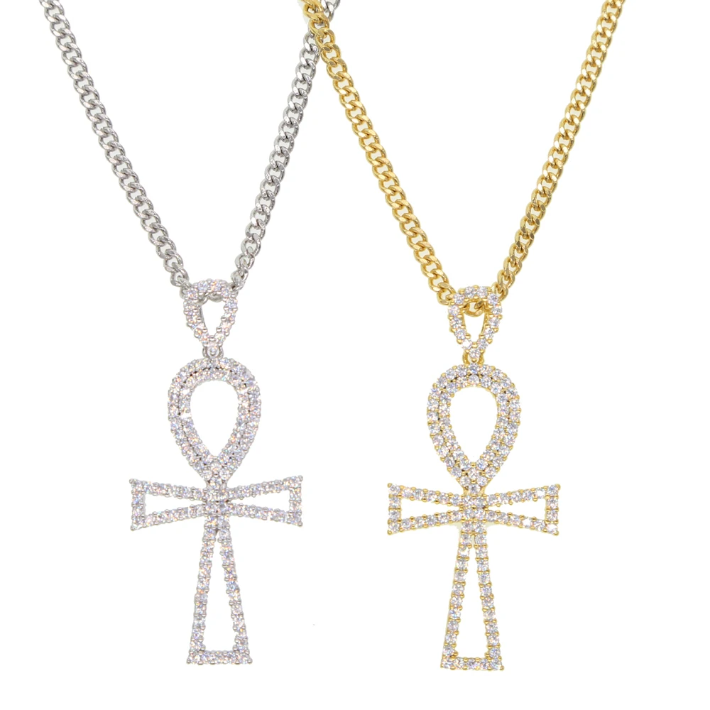 

Ankh Egyptian Life Cross Pendant Necklaces prong setting AAA cubic zirconia boy cross with cuban link chain hip hop necklace